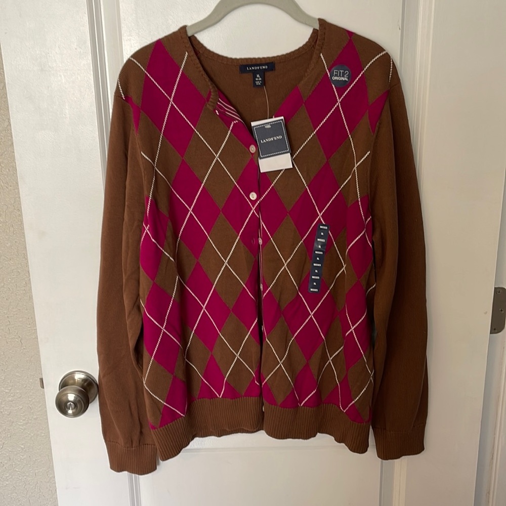 NWT Lands End argyle, button up cardigan